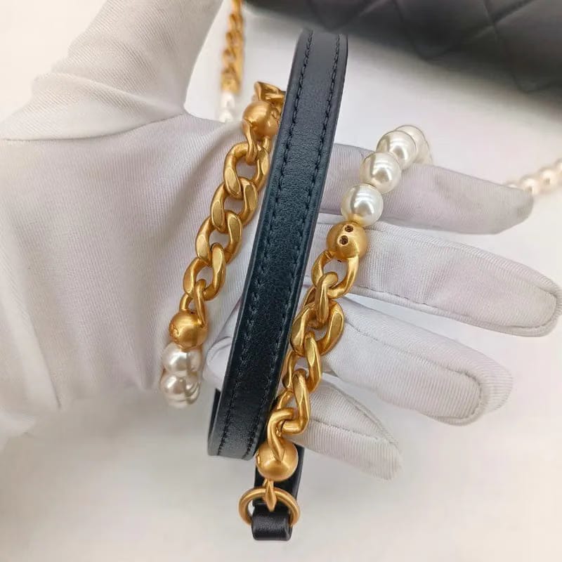 C482 - CHANEL Black Calfskin Imitation Pearls Flap Bag