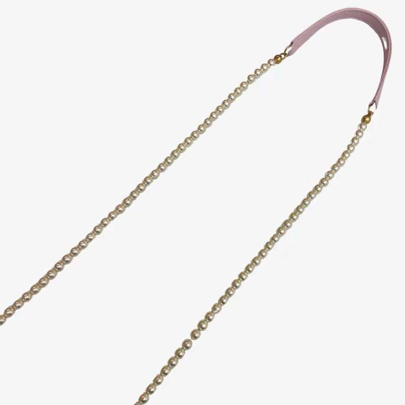 C586 - CHANEL Pink Calfskin Imitation Pearl Flap Card Holder With Chain