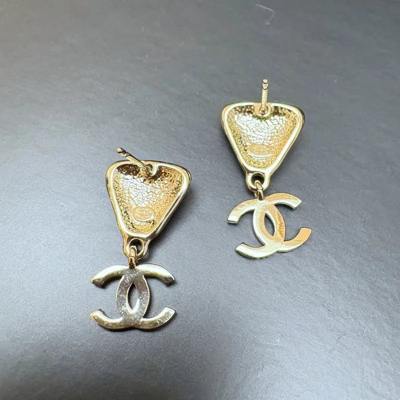 RE271 - CHANEL Pale Goid Triangle Crystal Drop CC Earrings