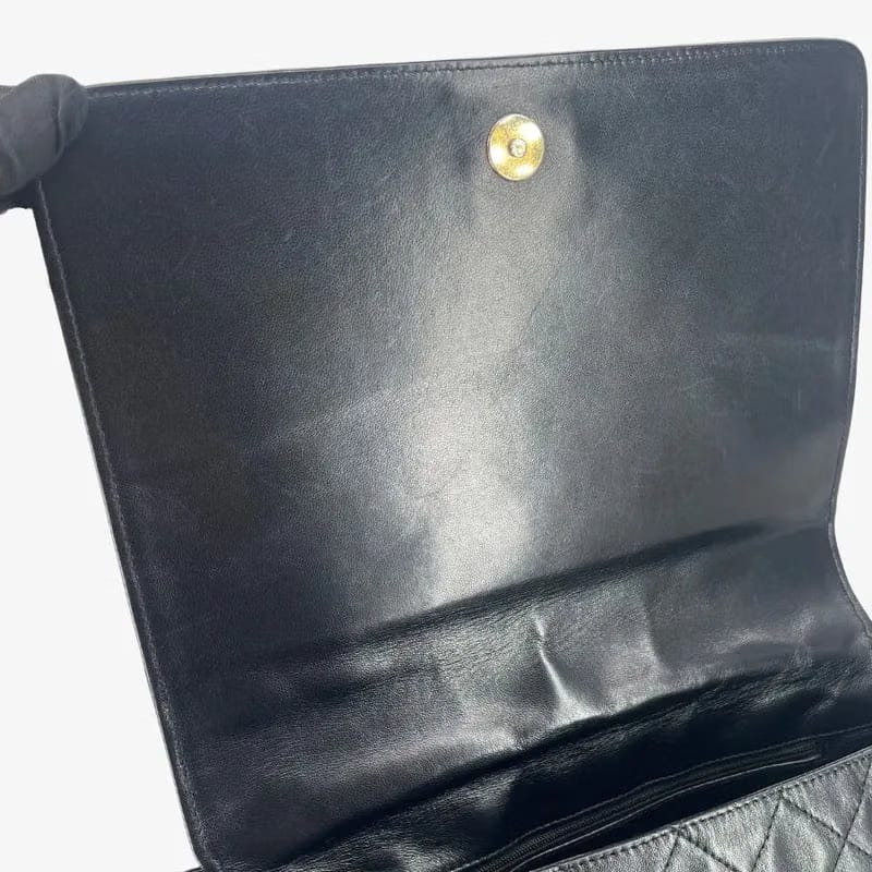 JZ744 - CHANEL Vintage Black Lambskin Quilted Full Flap Bag