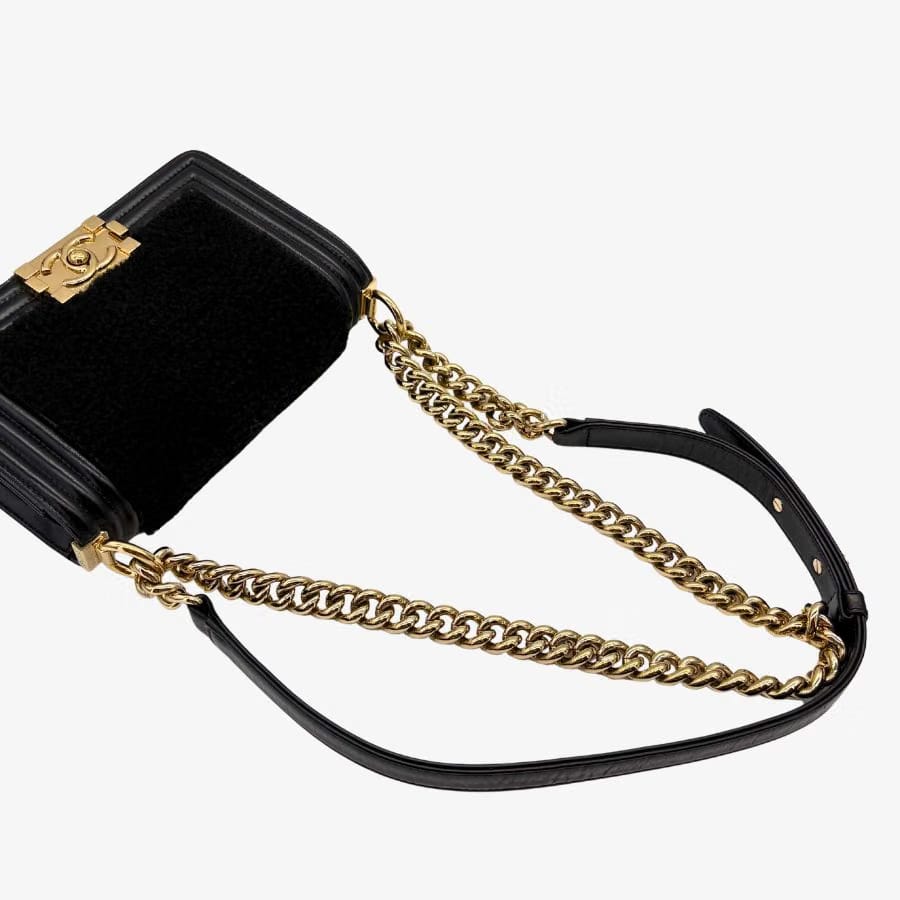 CS063 - CHANEL Boy Black Shearling Leather & Calfskin 20cm Flap Bag