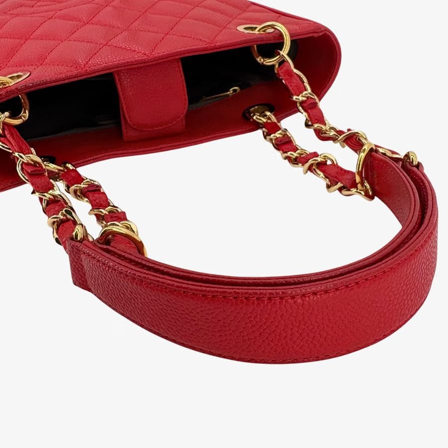 JAH232 - CHANEL Vintage Red Caviar Leather Embossed Logo PST Tote Bag