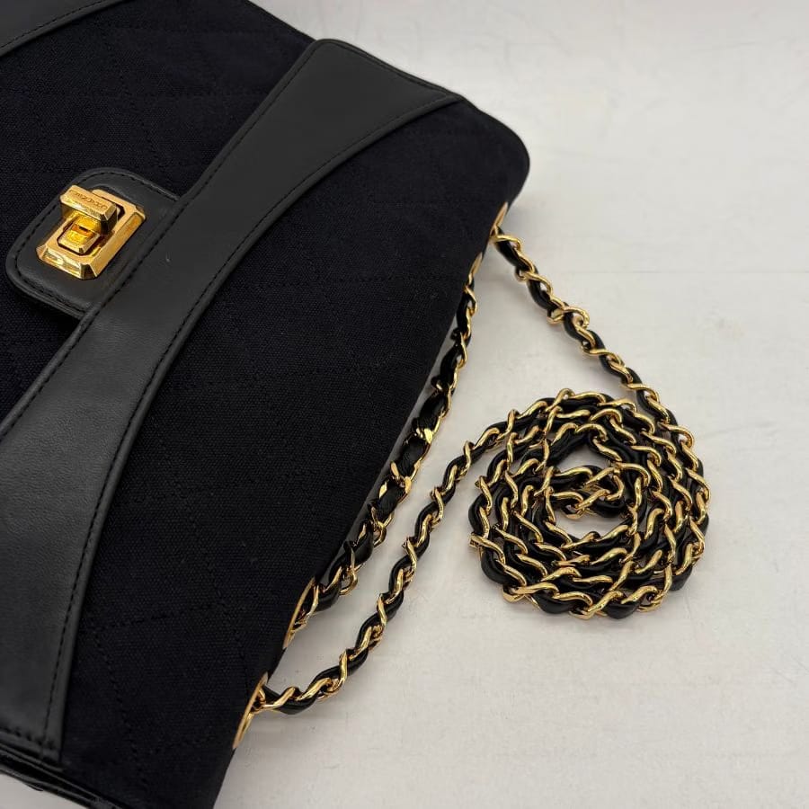 JZ389 - CHANEL Vintage Black Cotton & Lambskin 2.55 Flap Bag
