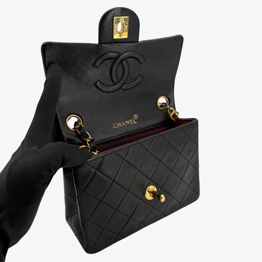 CS075 - CHANEL Vintage Black Lambskin 17cm Mini Square Flap Bag