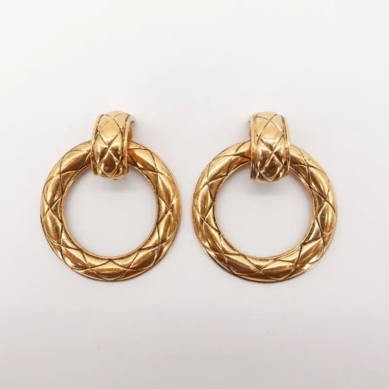 JR881 - CHANEL Vintage Gold Tone Quilted Large Hoop Plated Clip-On Earrings