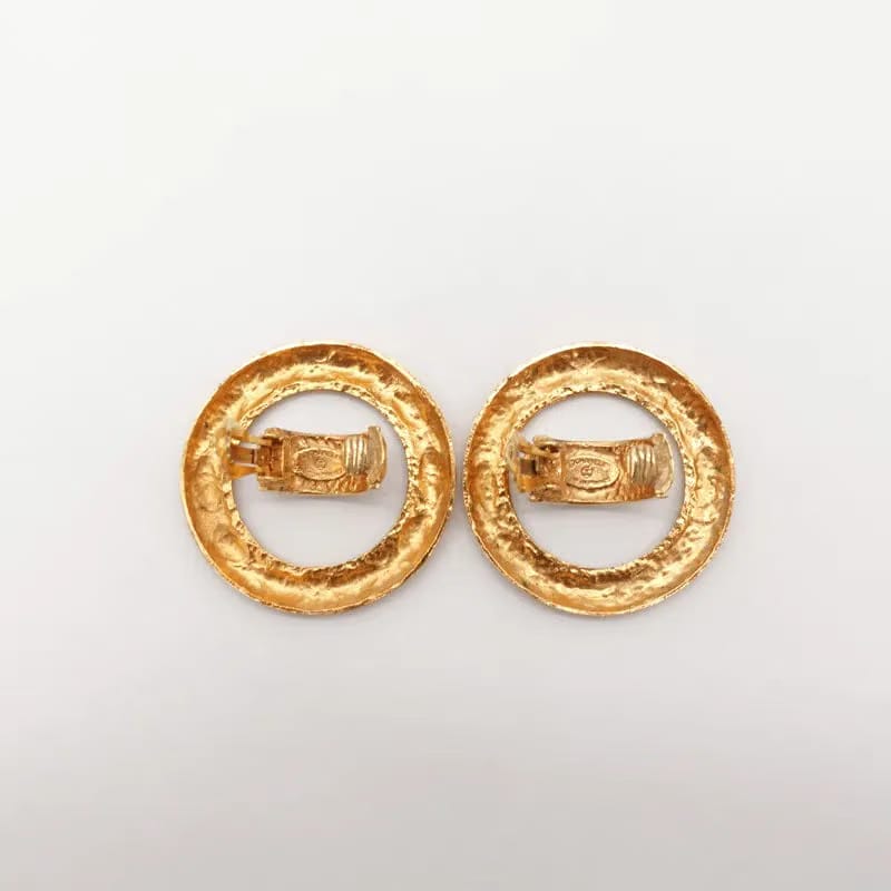 JR881 - CHANEL Vintage Gold Tone Quilted Large Hoop Plated Clip-On Earrings