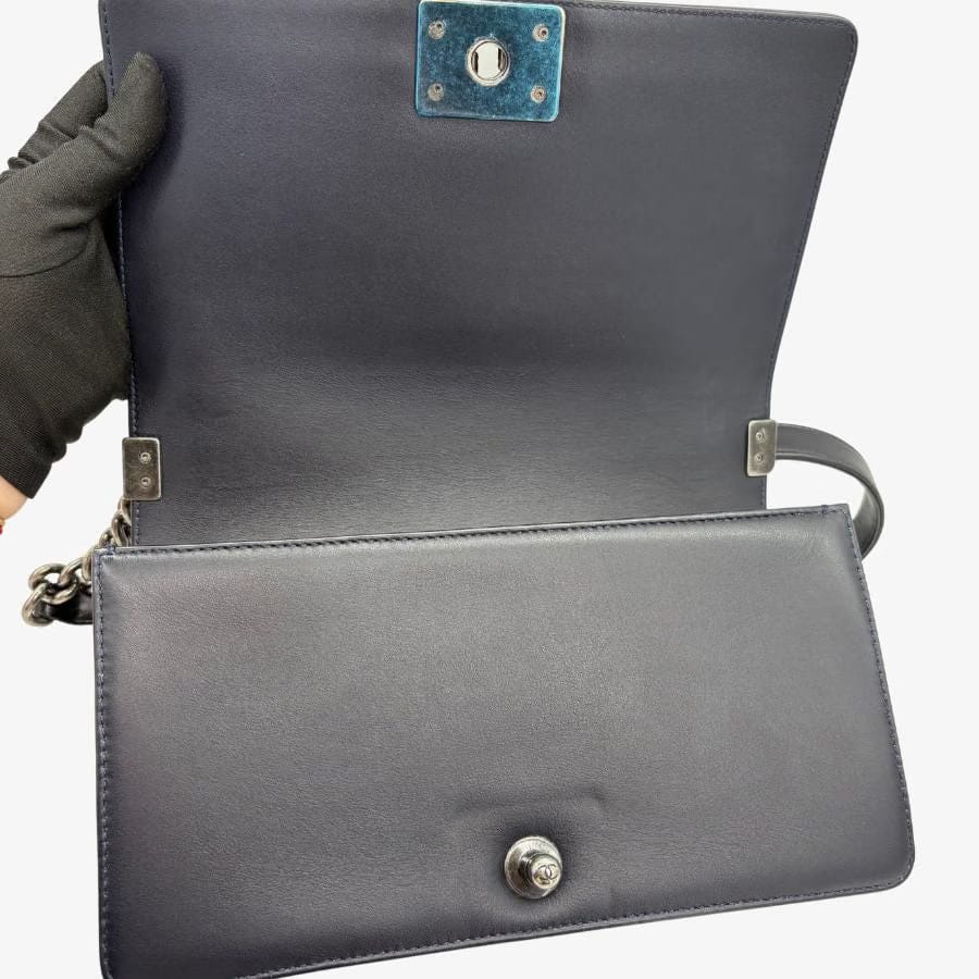 CS038 - CHAENL Boy Navy Snake Skin & Calf skin 25cm Flap Bag