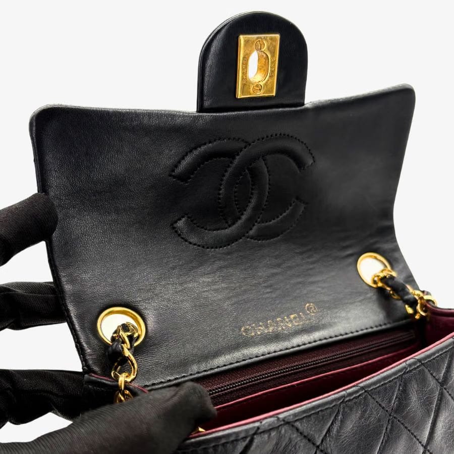 RG237 - CHANEL Vintage Black Lambskin 17cm Mini Square Flap Bag