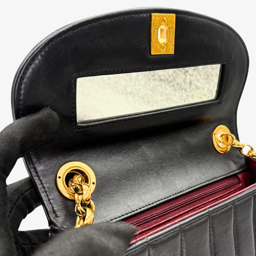 KA735 - CHANEL Vintage Black Lambskin Vertical Gold Chain Flap Bag