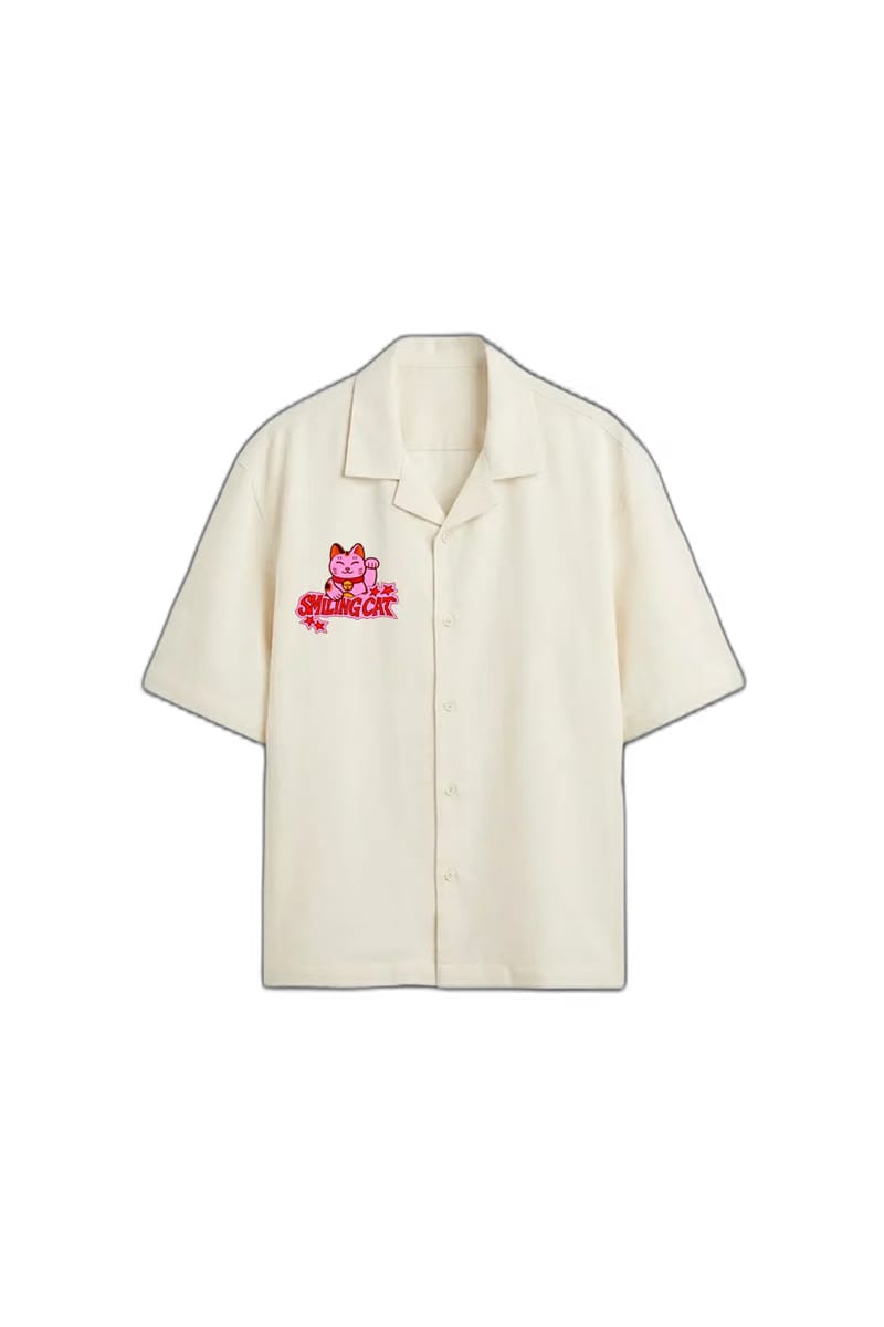 Smiling Cat- Since When Taking Time Took All My Life Bowling Shirt (Cream)