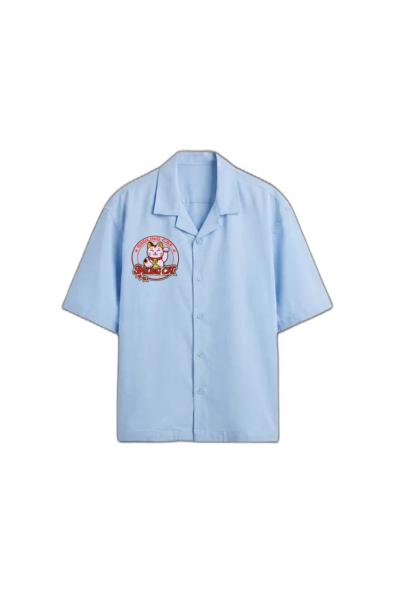 Smiling Cat- Statue of Smiling Cat Bowling Shirt(Light Blue)