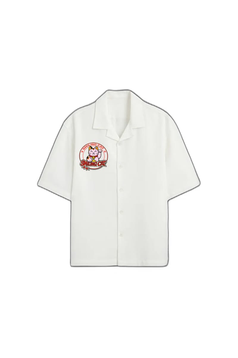 Smiling Cat- Statue of Smiling Cat Bowling Shirt(White)