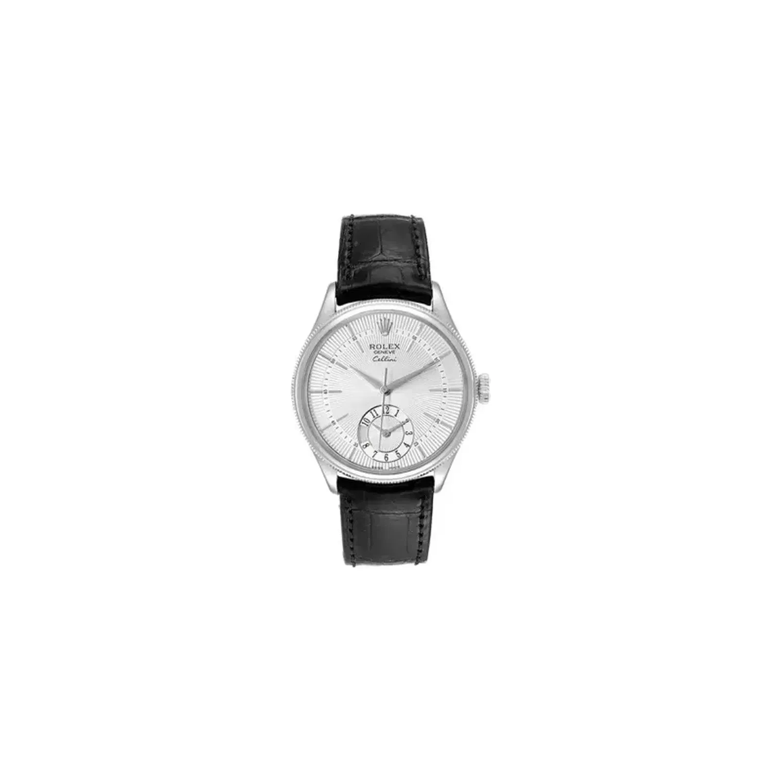 Rolex Cellini Dual Time White Gold Silver Guilloche Index Dial Domed & Fluted Double Bezel Black Leather Bracelet Men’S Watch