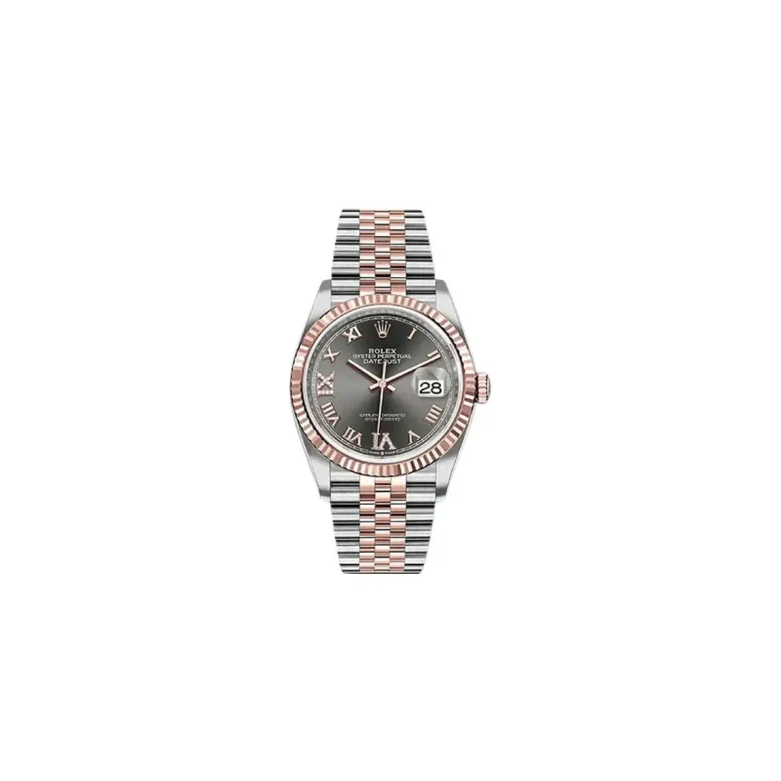Rolex Datejust 126231 Dkrdr69J 36Mm Fluted Bezel Dark Rhodium Roman Dial Jubilee Bracelet Steel And Everose Rolesor Unisex Watch
