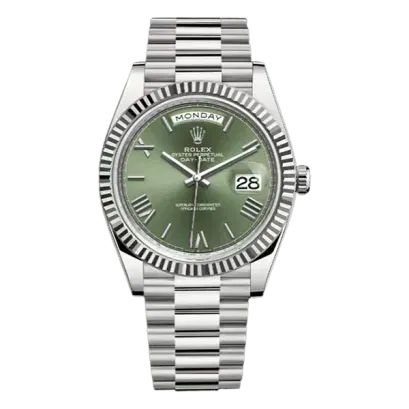 Rolex Day-Date 228239 Ogrp Olive Green Beveled Roman Fluted Bezel Dial 40Mm 18Kt White Gold Jubilee Bracelet Men’S Watch