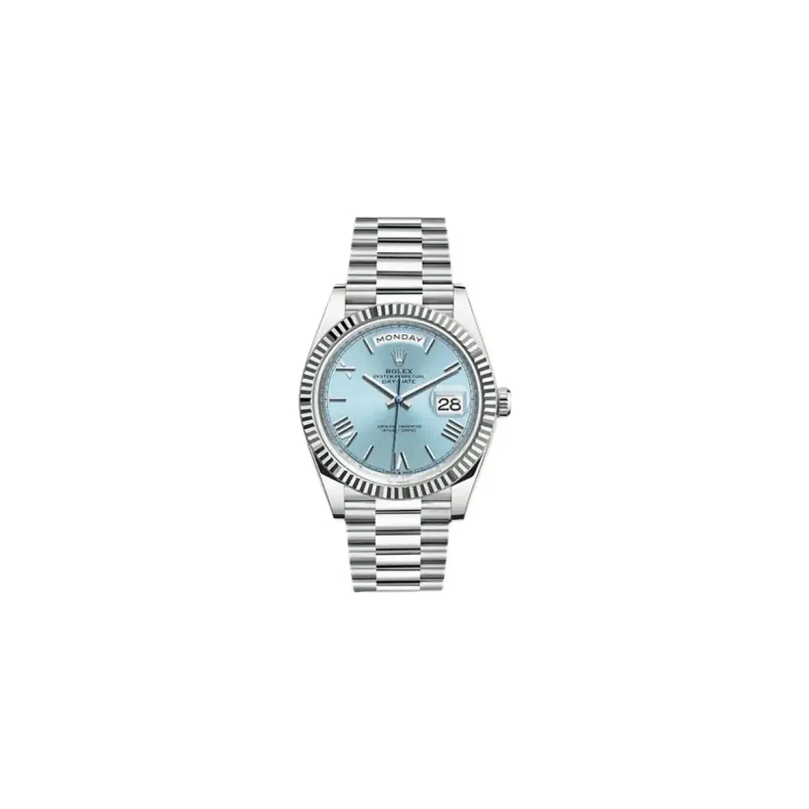 Rolex Day-Date 228236 Ibrp Platinum Fluted Bezel 40Mm Ice Blue Roman Dial President Bracelet Men’S Watch