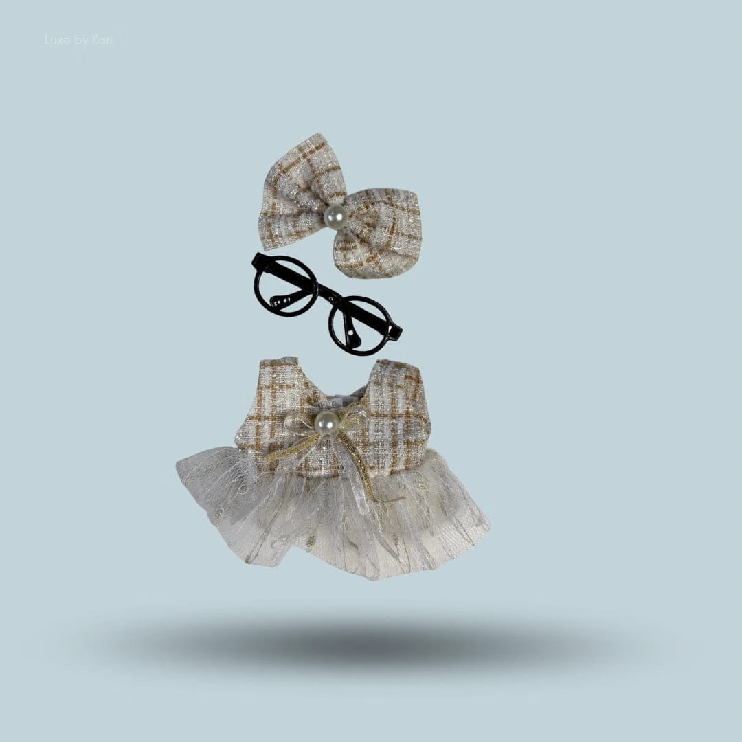 Labubu Doll Pearl Academia Fashion Dress Set – Plaid Outfit with Bow & Glasses Accessory 3 Piece Set