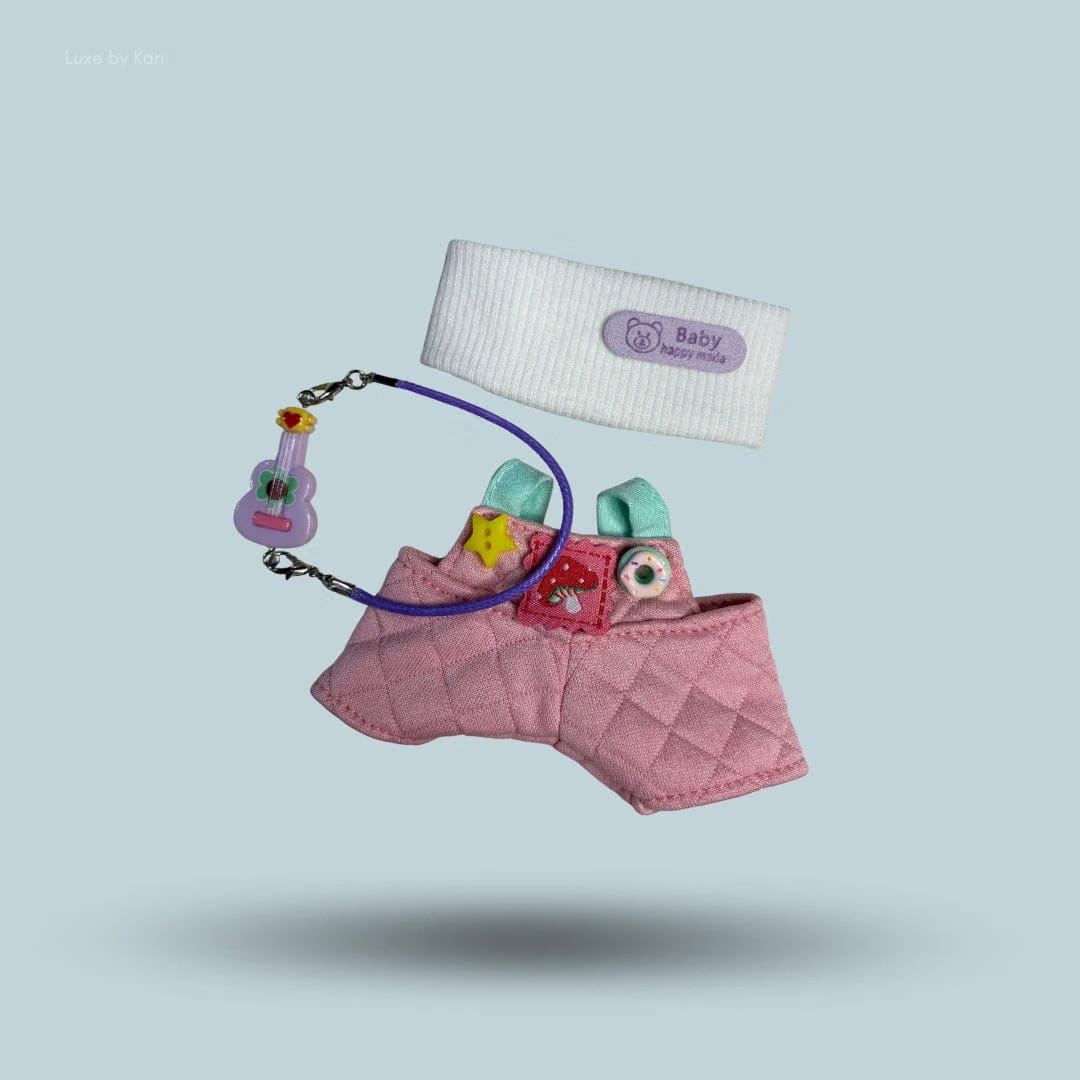 Labubu Doll Bunny Daydream Quilted Pink Overall Outfit Set With Headband & Mini Guitar Accessory - 3 Piece Set