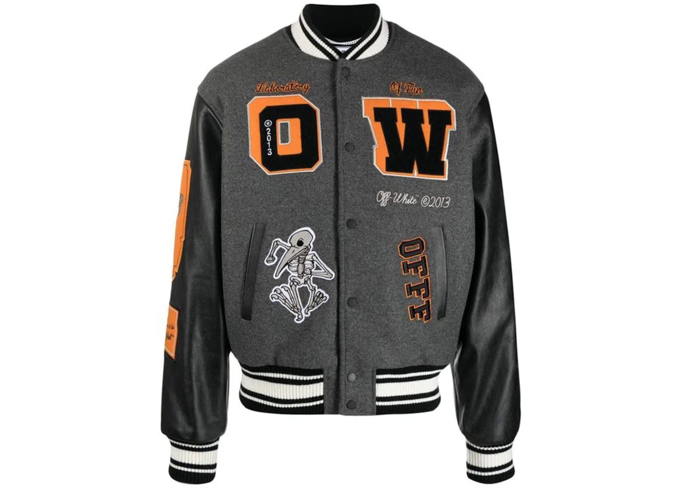 Off-White Leather Varsity Jacket Medium Grey/Multicolor