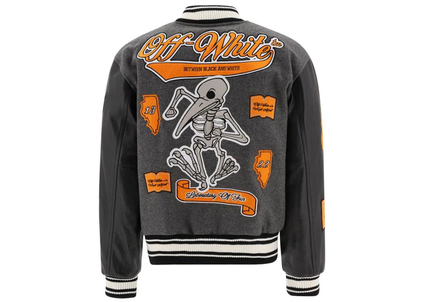 Off-White Leather Varsity Jacket Medium Grey/Multicolor