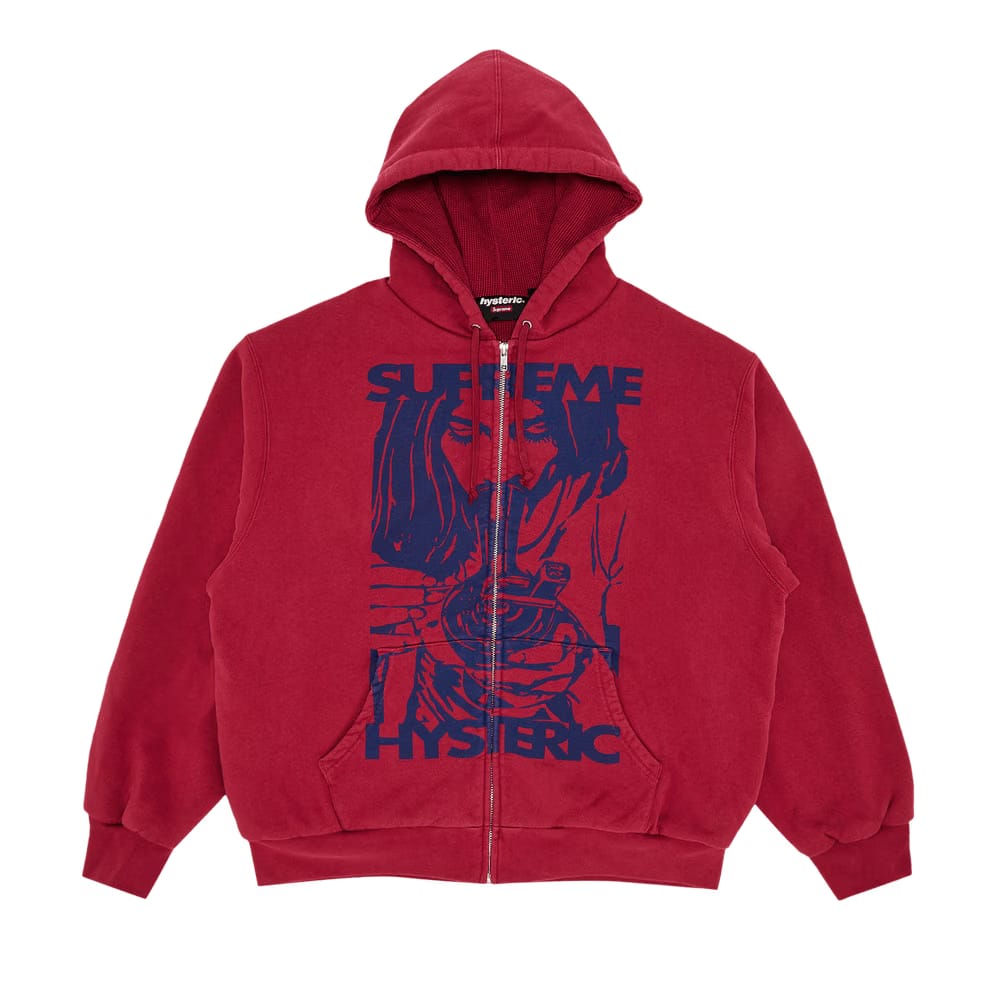 Supreme Hysteric Glamour Thermal Lined Zip Up Hoodie Washed Red