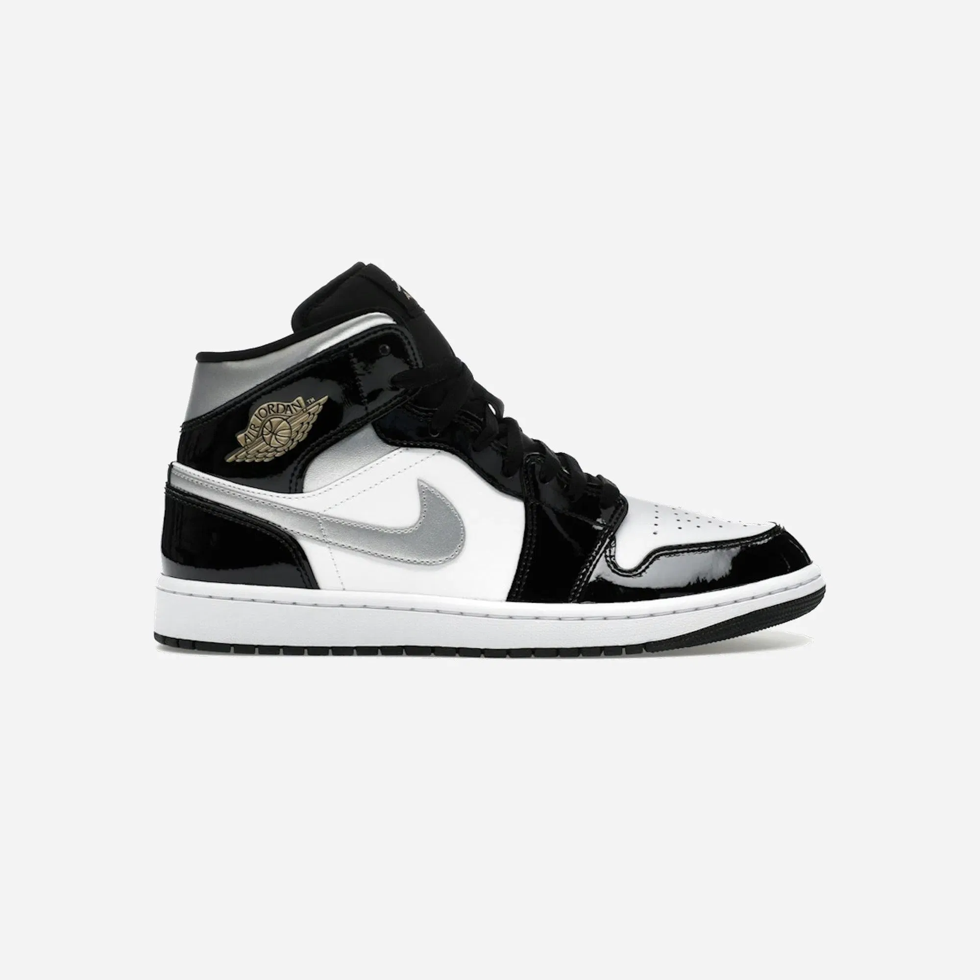 Jordan 1 Mid SE Patent Black White Metallic Silver Metallic Gold