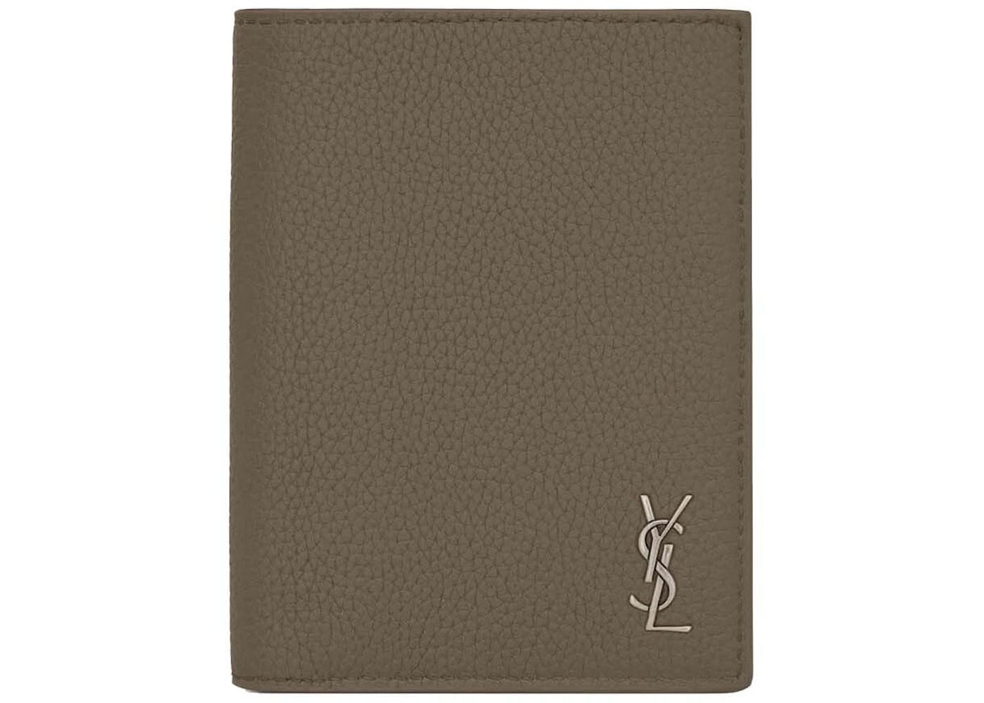 Saint Laurent Tiny Cassandre Credit Card Wallet In Grained Leather Dark Khaki