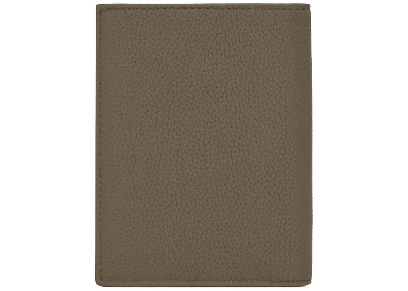 Saint Laurent Tiny Cassandre Credit Card Wallet In Grained Leather Dark Khaki