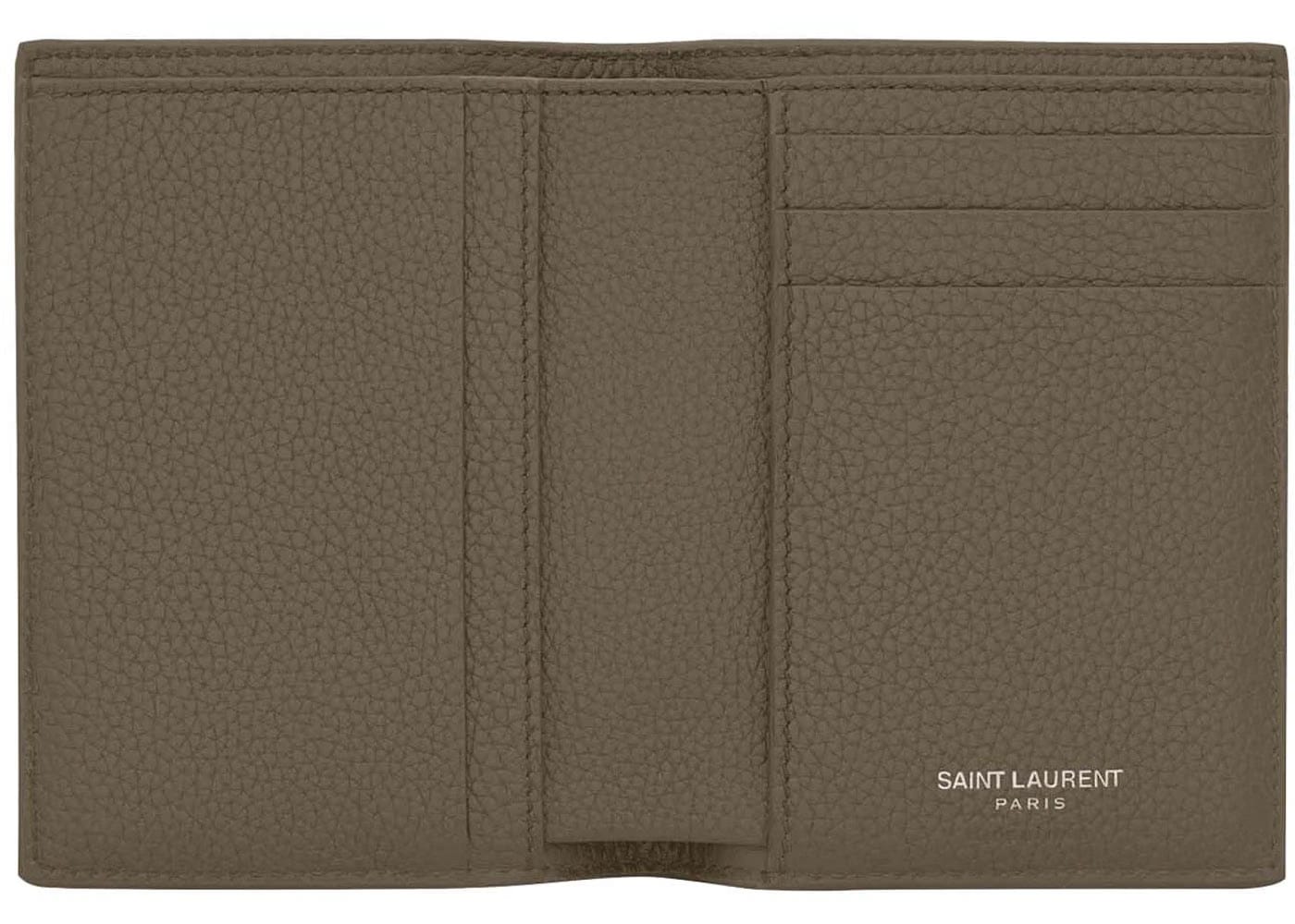 Saint Laurent Tiny Cassandre Credit Card Wallet In Grained Leather Dark Khaki