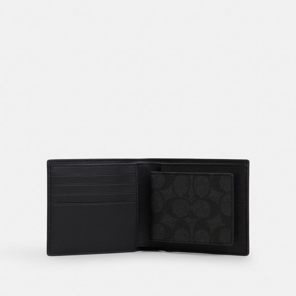 Coach Boxed 3 In 1 Wallet Gift Set In Signature Canvas Gunmetal Charcoal Black