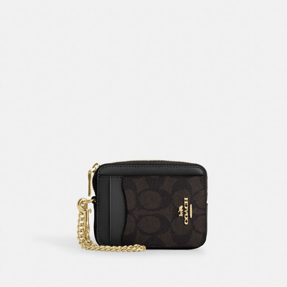 Coach Zip Card Case In Signature Canvas Gold Walnut Black