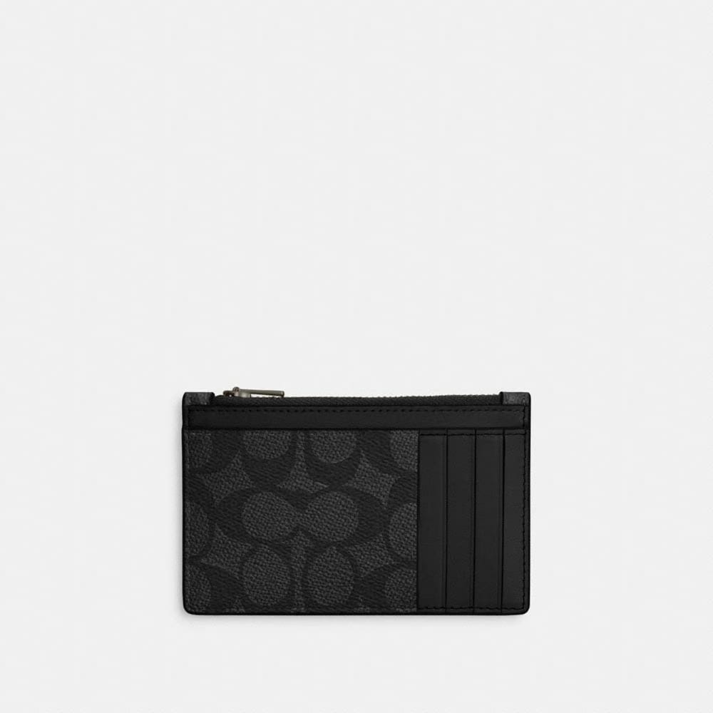 Coach Zip Card Case In Signature Canvas Gunmetal Charcoal Black