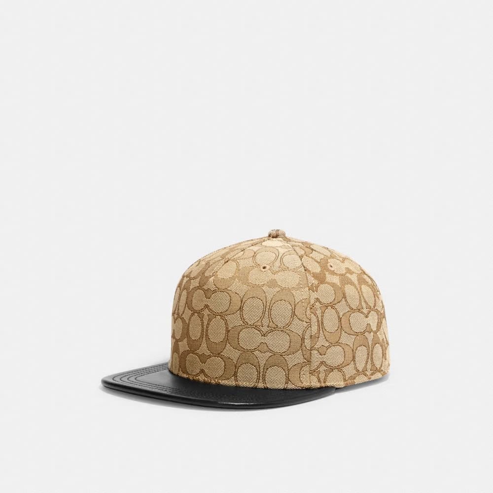 Coach Signature Jacquard Flat Brim Hat Khaki Black