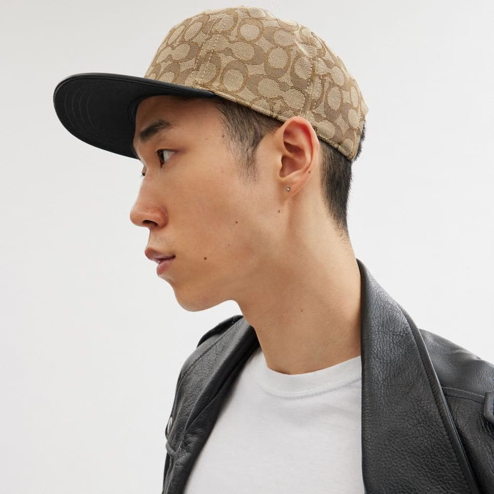 Coach Signature Jacquard Flat Brim Hat Khaki Black