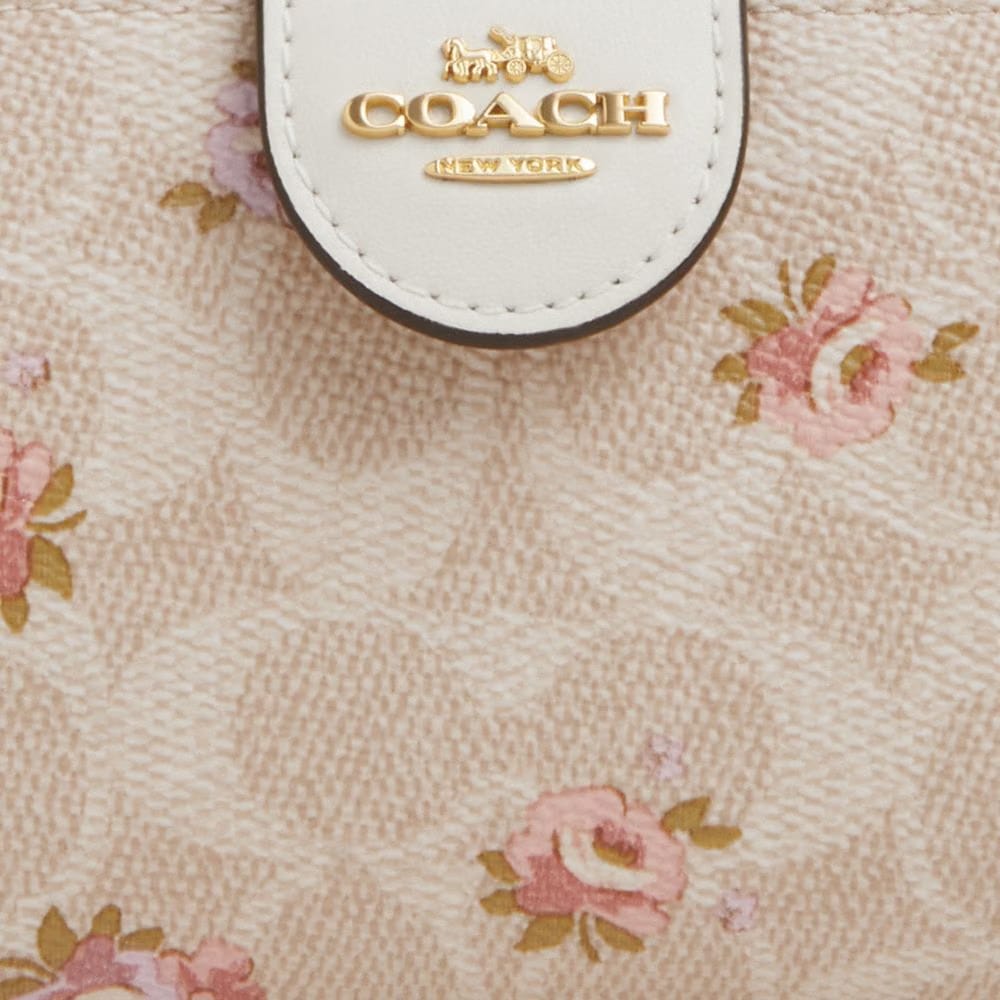 Coach Medium Corner Zip Wallet In Signature Canvas With Floral Print Gold-Sand Multi