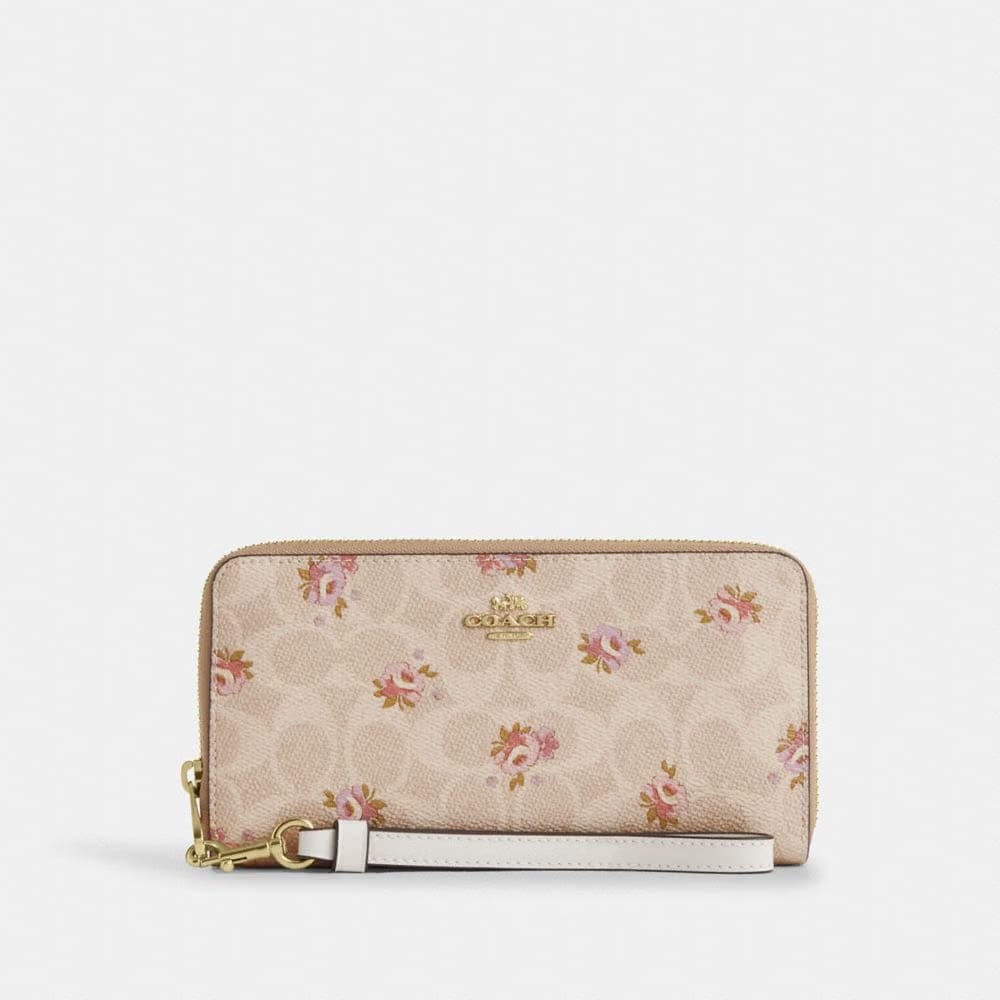 Coach Long Zip Around Wallet In Signature Canvas With Floral Print Gold-Sand Multi