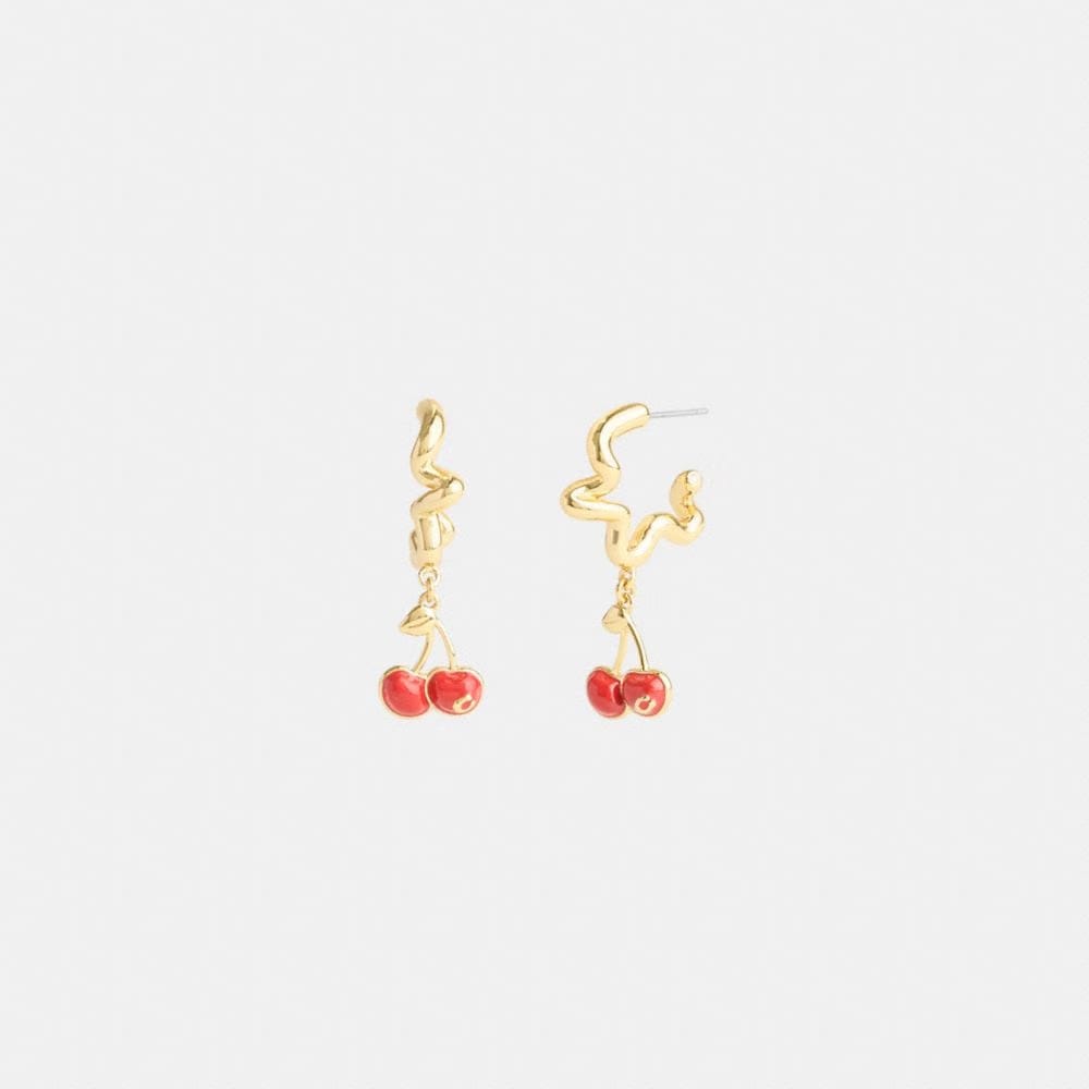 Coach Cherry Wavy Huggie Earrings Gold Red