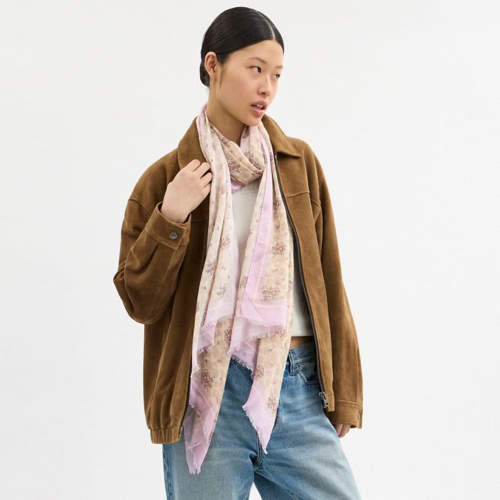 Coach Signature Spring Blossom Print Oblong Scarf Sand Lilac