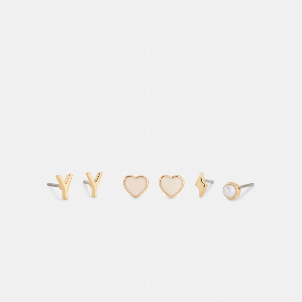 Coach Y Initial Stud Earrings Set Gold White