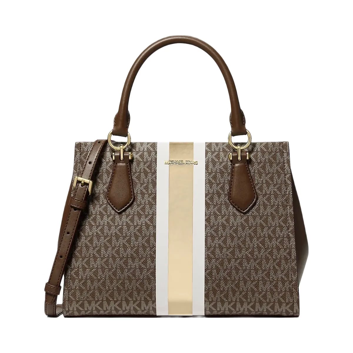 Michael Kors Marilyn Medium Signature Logo Stripe Satchel Brown