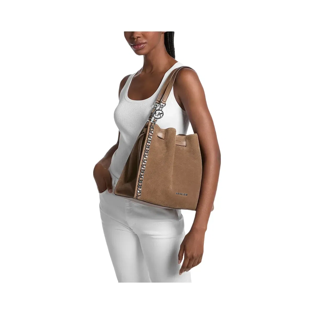 Michael Kors Mina Large Suede Chain Shoulder Bag Driftwood