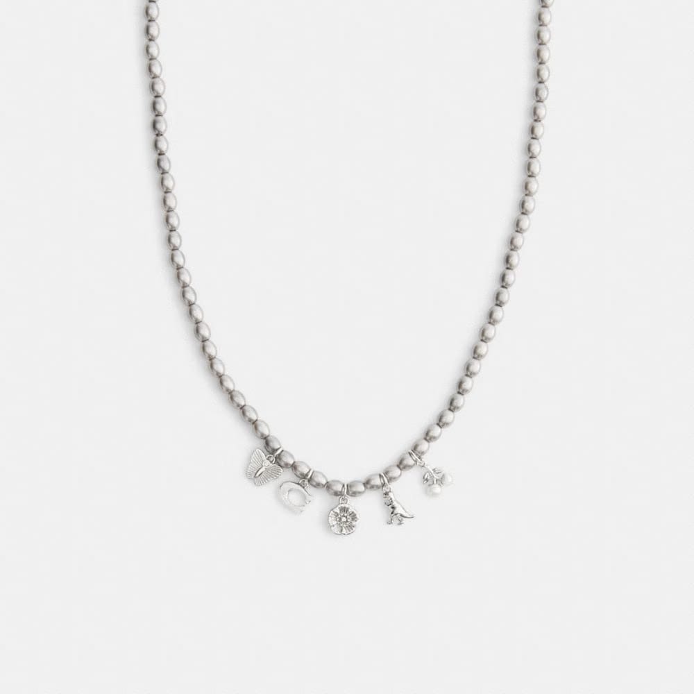 Coach Butterfly And Rexy Charm Pearl Necklace Silver Grey