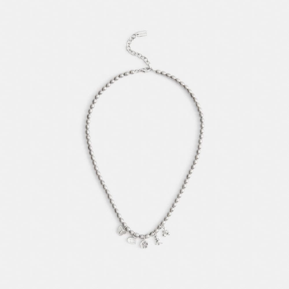 Coach Butterfly And Rexy Charm Pearl Necklace Silver Grey