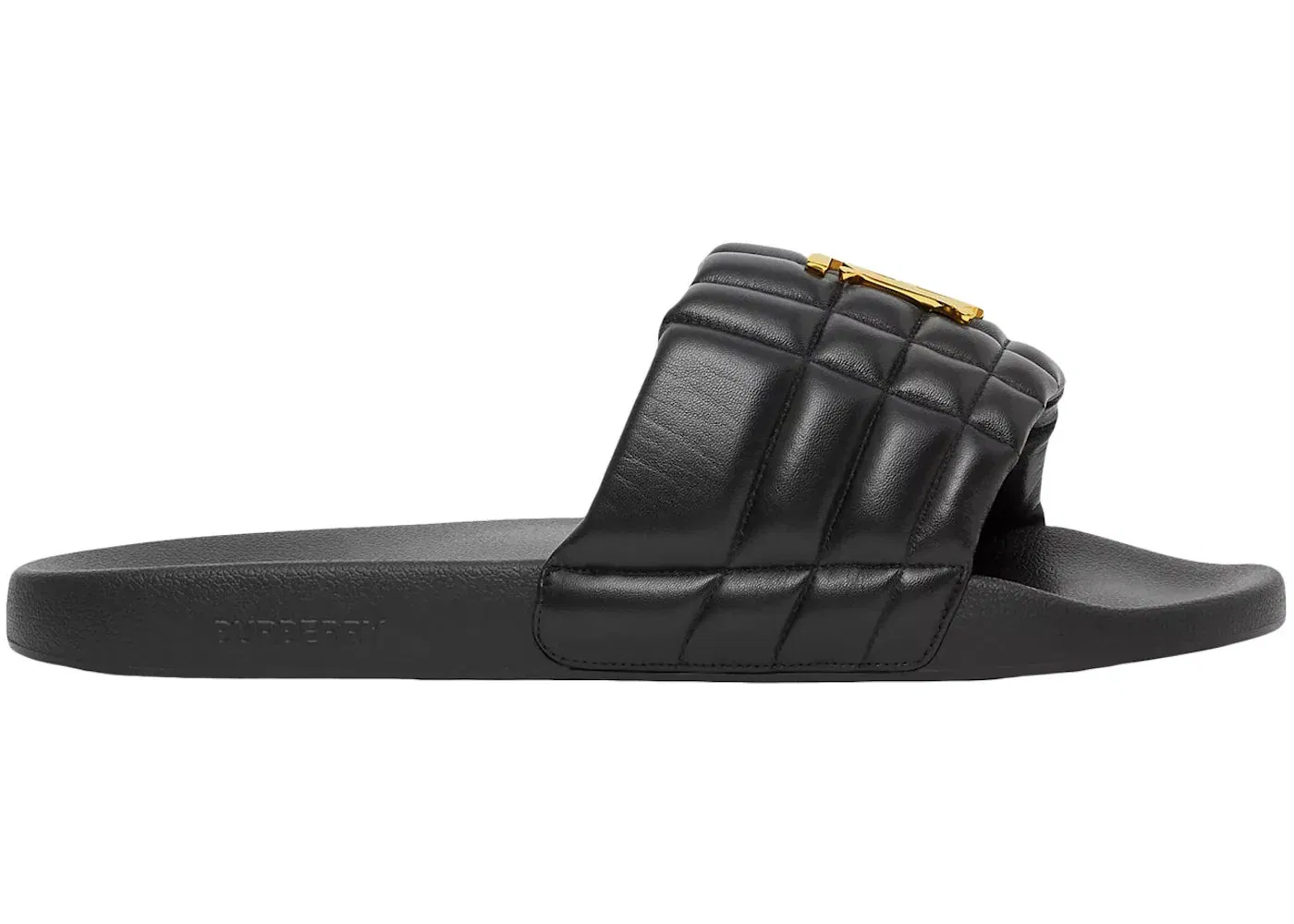 Burberry Monogram Motif Quilted Lambskin Slides Black Gold-Tone