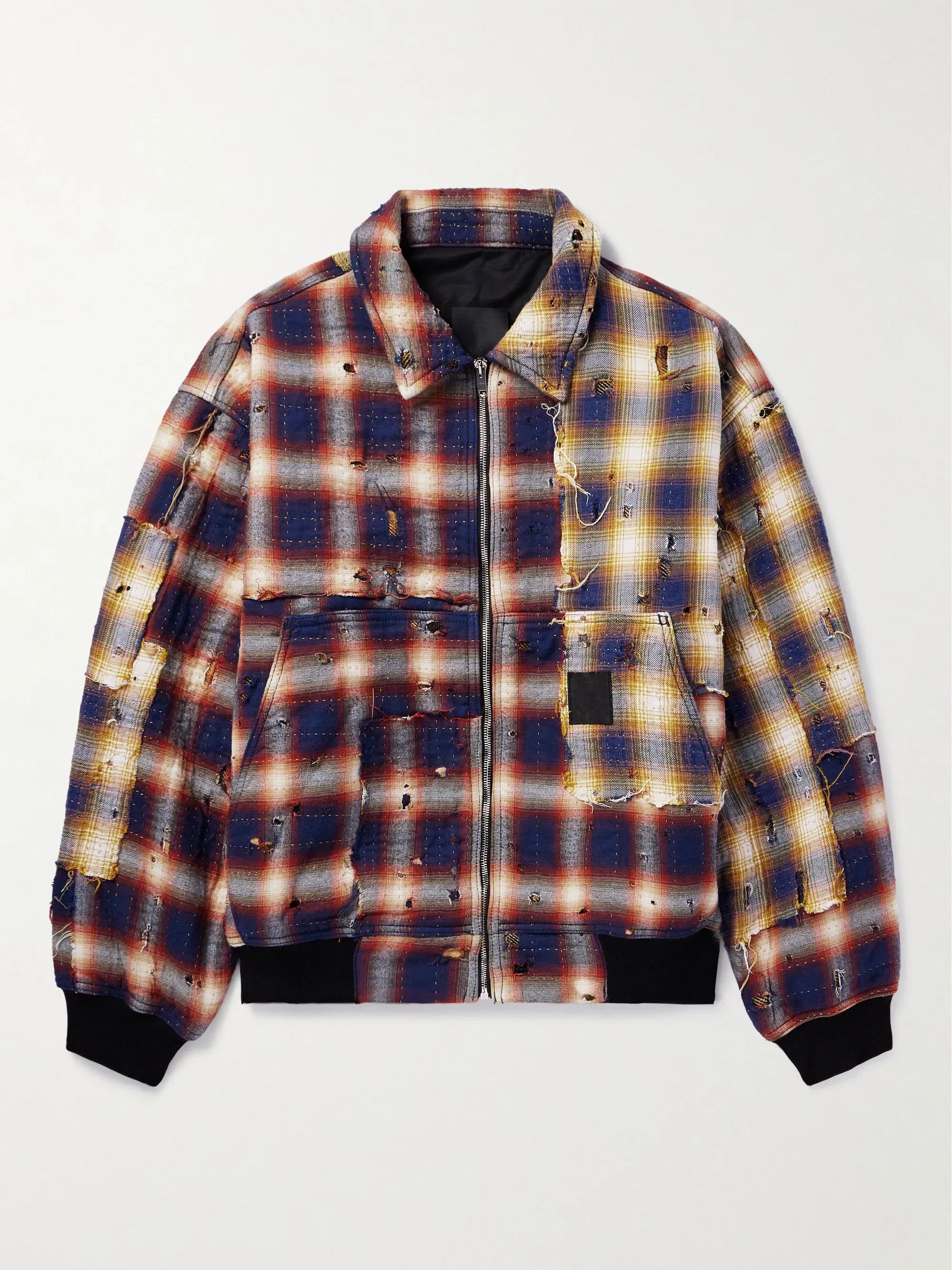 Checked Distressed Cotton-Flannel Bomber Jacket