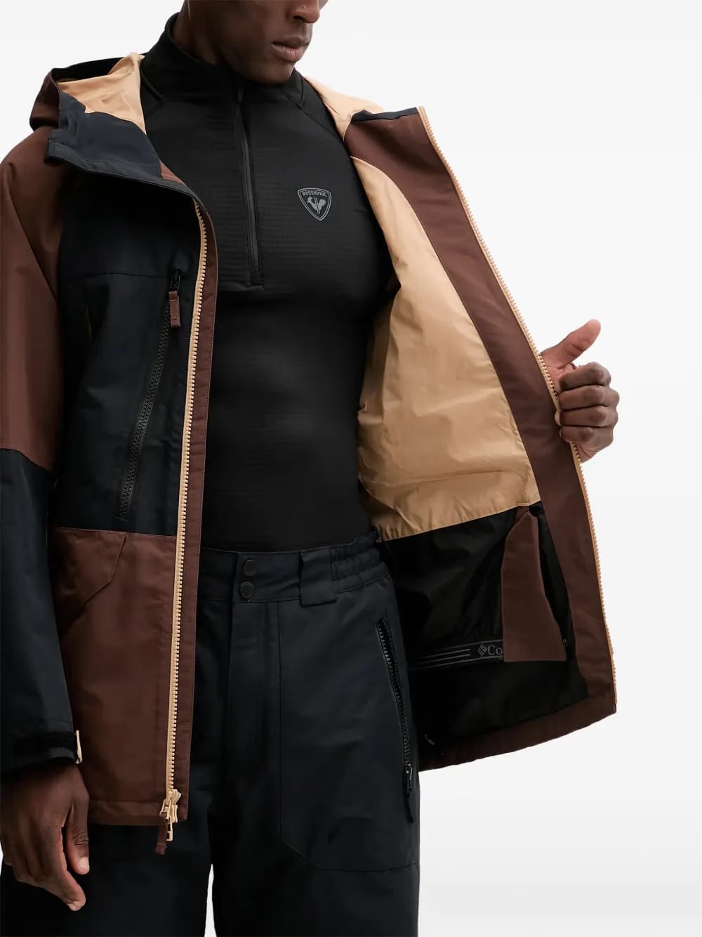 hooded zip-fastening ski jacket