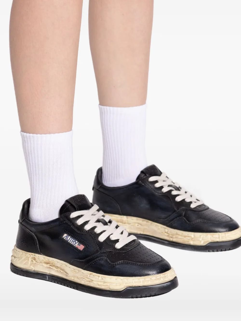 leather distressed-sole sneakers