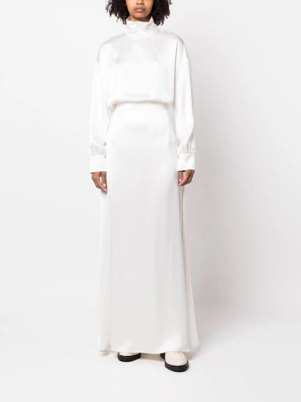 high-neck satin blouse