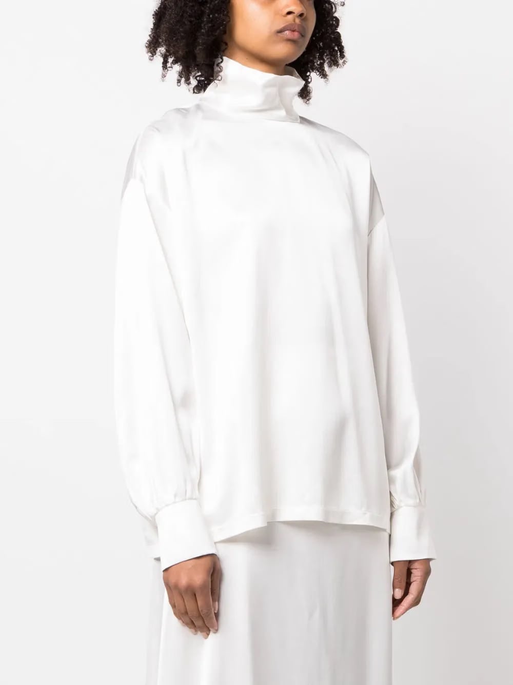 high-neck satin blouse