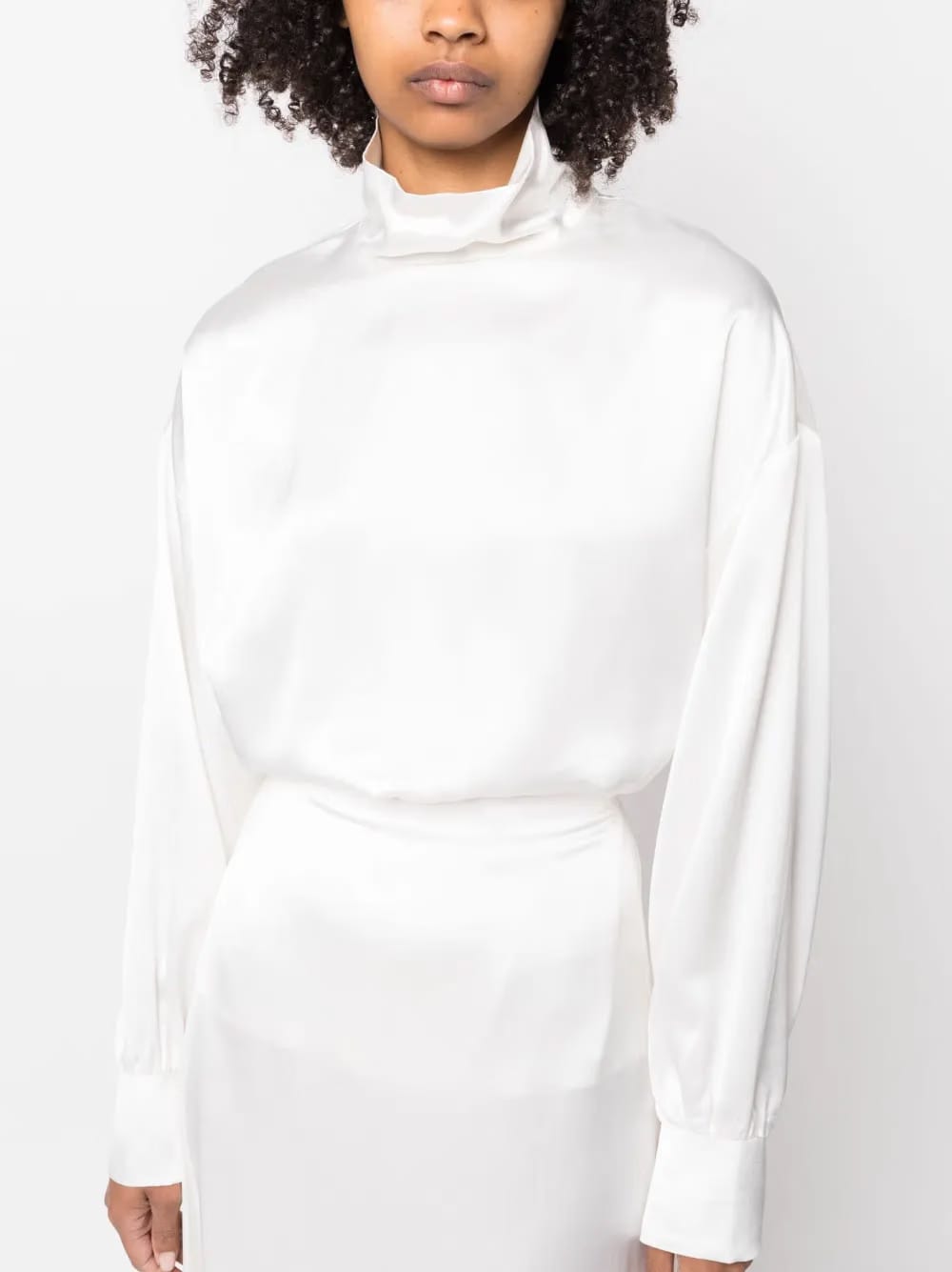 high-neck satin blouse